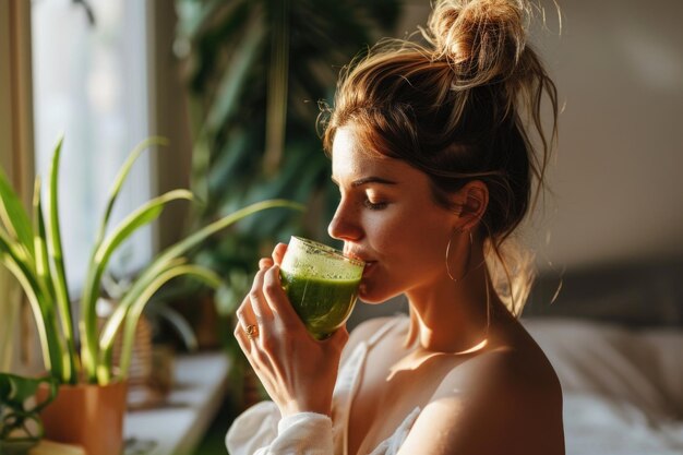 Una mujer entusiasta bebiendo un batido verde después de una sesión de yoga por la mañana