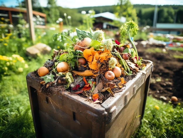 Una mujer entusiasta del medio ambiente muestra su contenedor de compost lleno de desechos orgánicos en descomposición alentando la participación de la comunidad en prácticas verdes