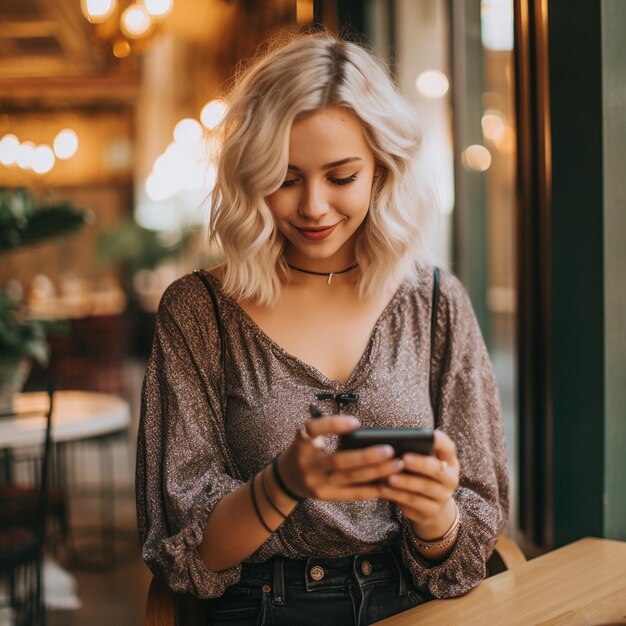 una mujer envía mensajes de texto a su teléfono y mira su teléfono