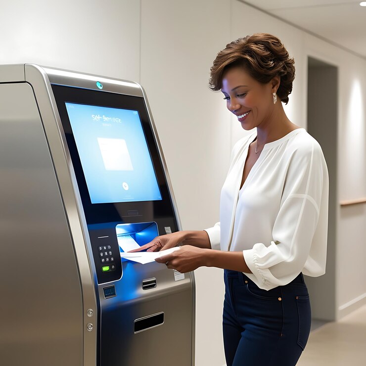 Mujer enviando correo a través de una terminal automática de autoservicio