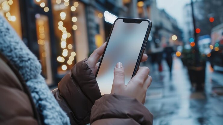 Mujer enviando mensajes de texto en su teléfono inteligente con luces borrosas de la ciudad en el fondo creando un vibrante