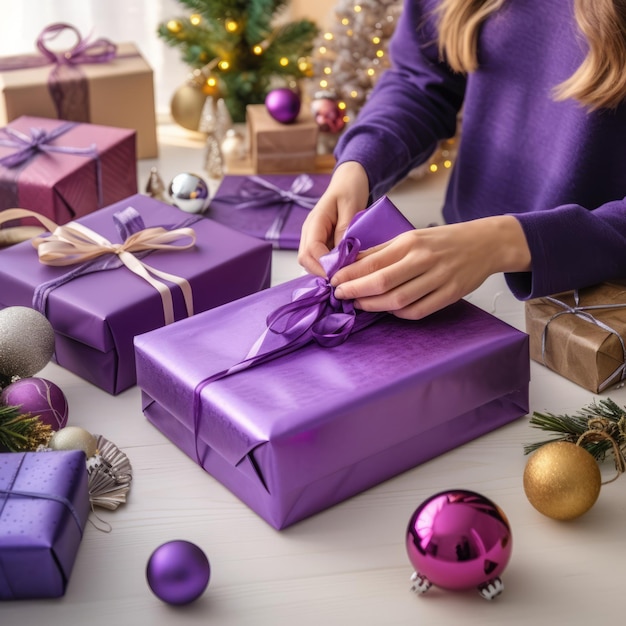 Una mujer envolviendo una caja de regalos púrpura