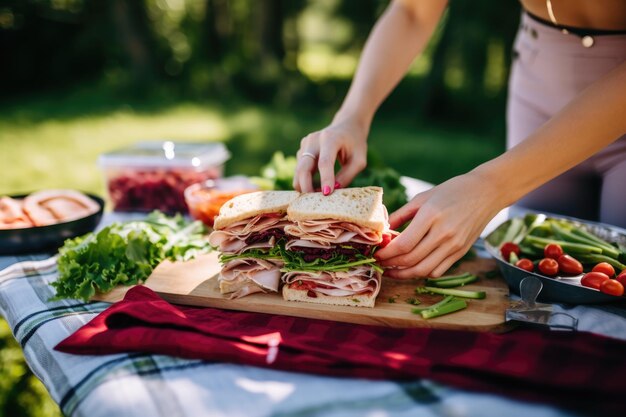 Mujer envolviendo pavo y sándwich de arándano para picnic