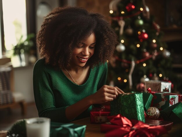 Mujer envolviendo regalos con papel de envolver con temática navideña