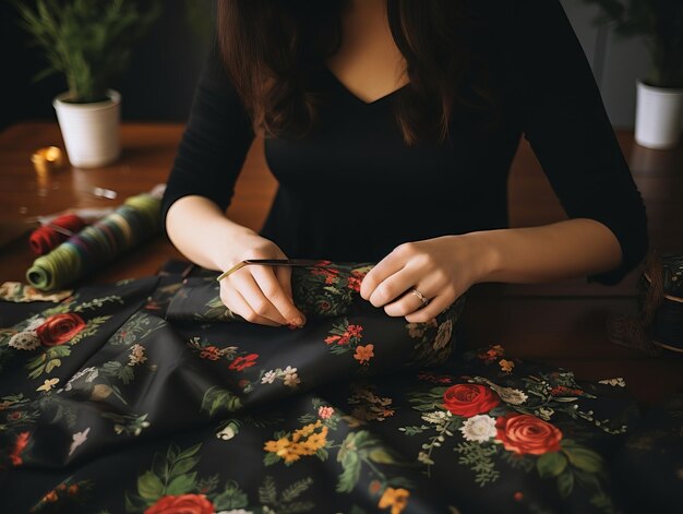 Mujer envolviendo regalos con papel de regalo con temática navideña