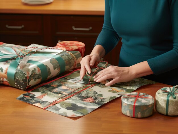 Foto mujer envolviendo regalos con papel de regalo con temática navideña