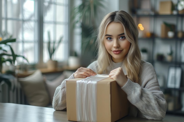 Foto la mujer envuelve con cinta alrededor de una caja en un escritorio asegurándola cuidadosamente para el envío o el almacenamiento, el embalaje y la limpieza.