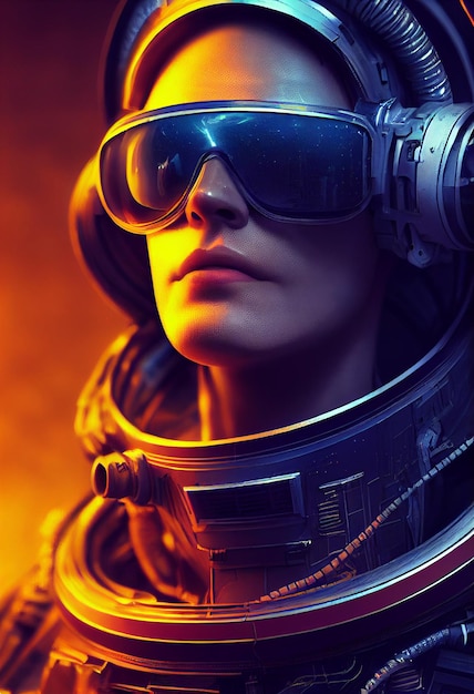 Mujer épica astronauta ilustración retrato cinematográfico astronauta ciberpunk iluminación dramática espacio épico Imagen futurista exploración del espacio y las galaxias Red neuronal AI Arte generado por computadora