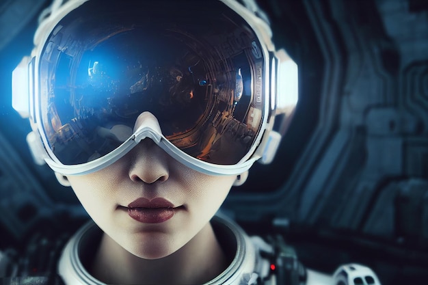 Mujer épica astronauta ilustración retrato cinematográfico astronauta ciberpunk iluminación dramática espacio épico Imagen futurista exploración del espacio y las galaxias Red neuronal AI Arte generado por computadora