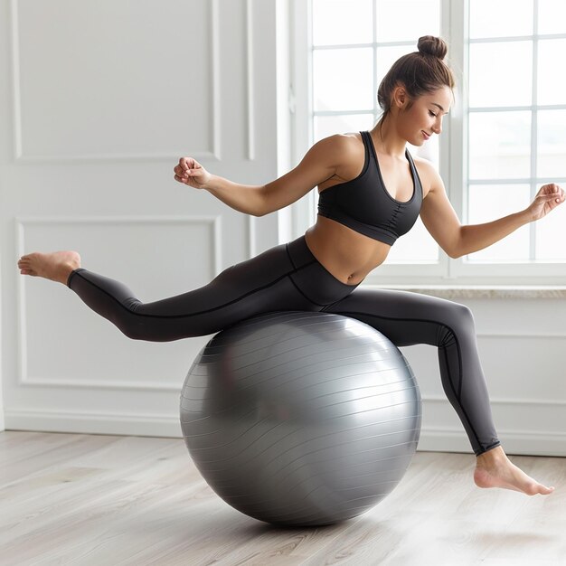 Foto una mujer está equilibrada en una pelota de ejercicio