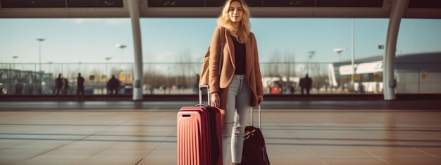 Mujer con equipaje en el edificio del aeropuerto