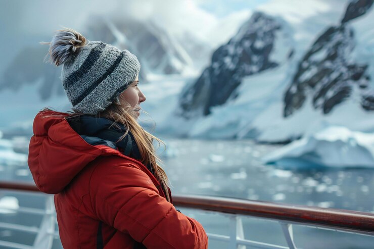 Una mujer con equipo de aire libre de pie en la cubierta de un crucero de hielo mirando a la Antártida