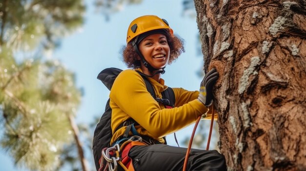 una mujer con un equipo de escalada amarillo