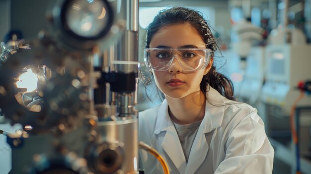 Una mujer con equipo de protección personal trabaja en una máquina en un laboratorio