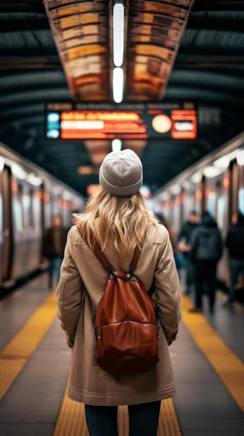 Una mujer es vista por detrás mientras observa el metro que pasa