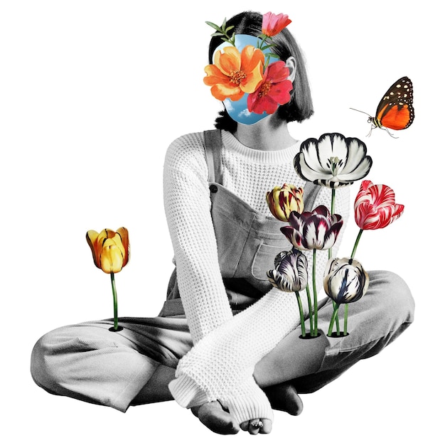 Mujer en escala de gris pegatina png collage de cara de flor fondo transparente