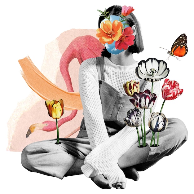 Mujer en escala de gris pegatina png collage de cara de flor fondo transparente