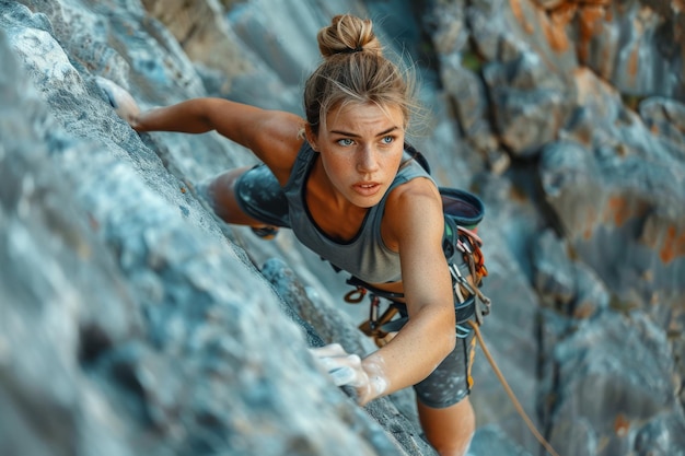 Una mujer escaladora sube a un acantilado escarpado