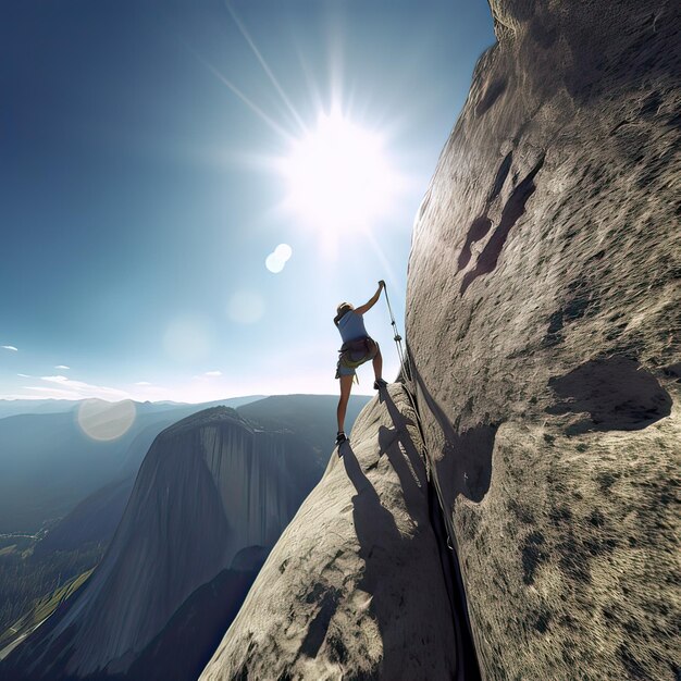 Una mujer escalando una montaña escalando una montaña Ilustración generativa de IA