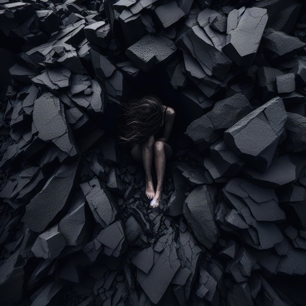 una mujer se esconde en una cueva con rocas negras