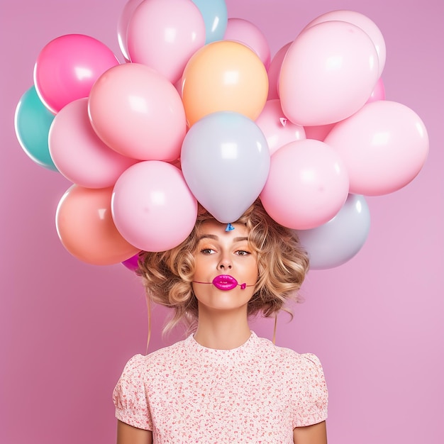 Foto la mujer esconde su cabeza un aire coloridos globos que se divierten sobre fondo rosa