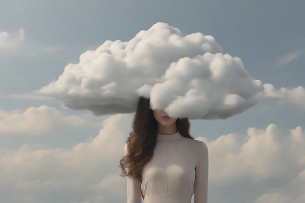 Mujer escondiendo su cara detrás de una nube en el cielo Concepto de computación en nube