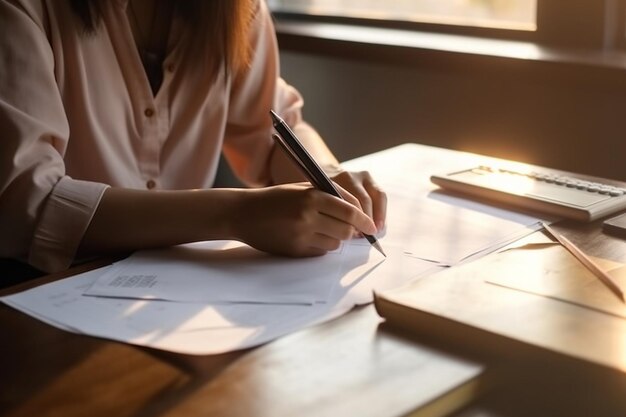 Una mujer escribe en un papel con una computadora portátil sobre la mesa.