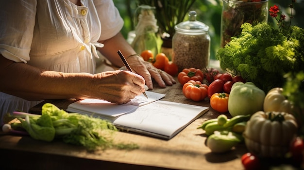 una mujer escribe un plan de comidas con verduras AIGenerative AI