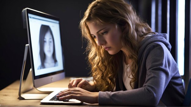 una mujer escribe en el teclado de una computadora en un escritorio con un monitor