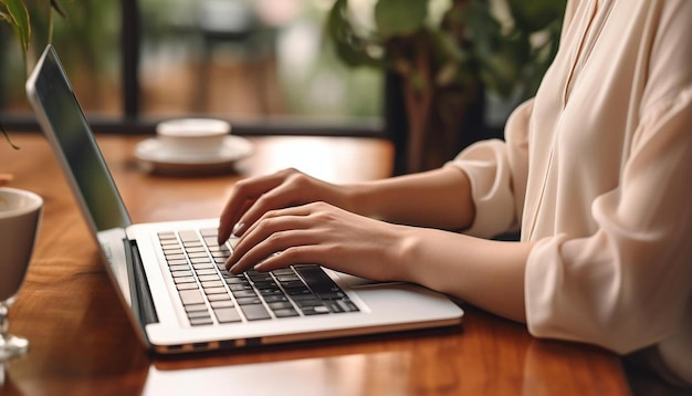 una mujer escribiendo en una computadora portátil en un café