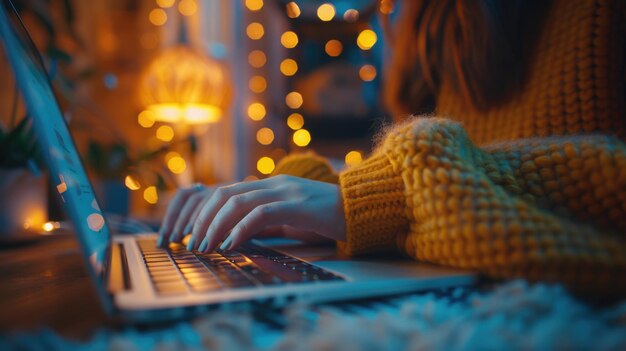 Mujer escribiendo en una computadora portátil a la luz de las velas