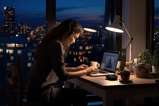 Foto mujer escribiendo en la computadora portátil en la oficina de casa por la noche