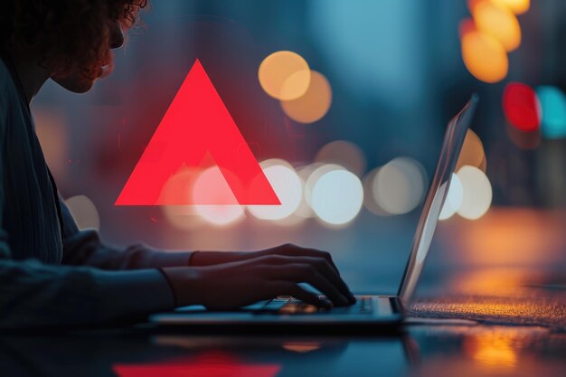 Mujer escribiendo en una computadora portátil con pantalla triangular roja
