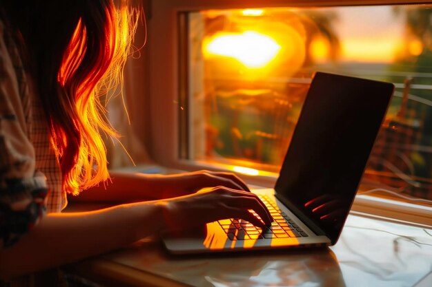 Mujer escribiendo en una computadora portátil con el resplandor del atardecer a través de la ventana