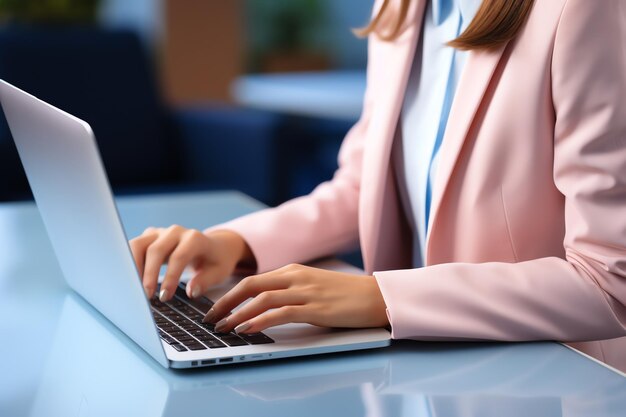 una mujer escribiendo en una computadora portátil