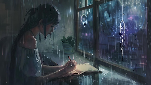 Mujer escribiendo en un cuaderno junto a la ventana bajo la lluvia