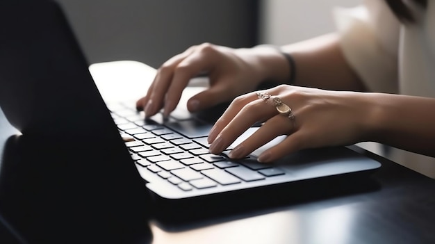 Una mujer escribiendo en una laptop con un dedo en el teclado.