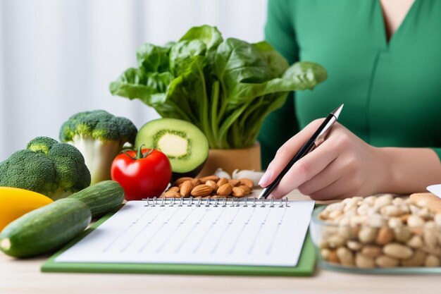 Foto una mujer escribiendo en una libreta junto a verduras y frutas