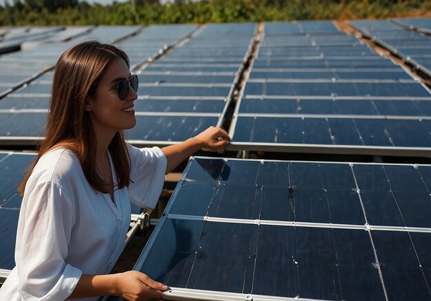 Foto una mujer está escribiendo en una pieza de papel con paneles solares