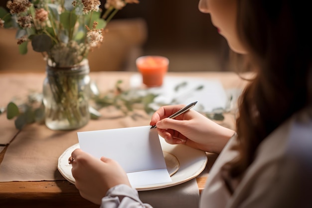 Una mujer escribiendo una tarjeta de agradecimiento, una elegante invitación de boda.