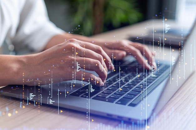 Mujer escribiendo el teclado para investigar el mercado de valores para proceder con las soluciones de inversión adecuadas Concepto de gestión de patrimonio y comercio por Internet Ropa formal Gráfico de Forex con holograma en primer plano