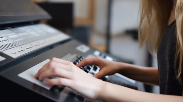 Una mujer escribiendo en un teclado con la palabra computadora en la parte inferior derecha.