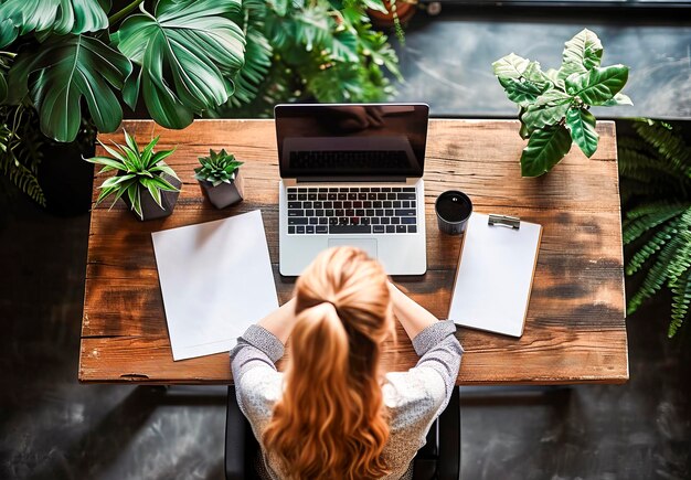 Mujer en el escritorio con portátil y plantas verdes xA