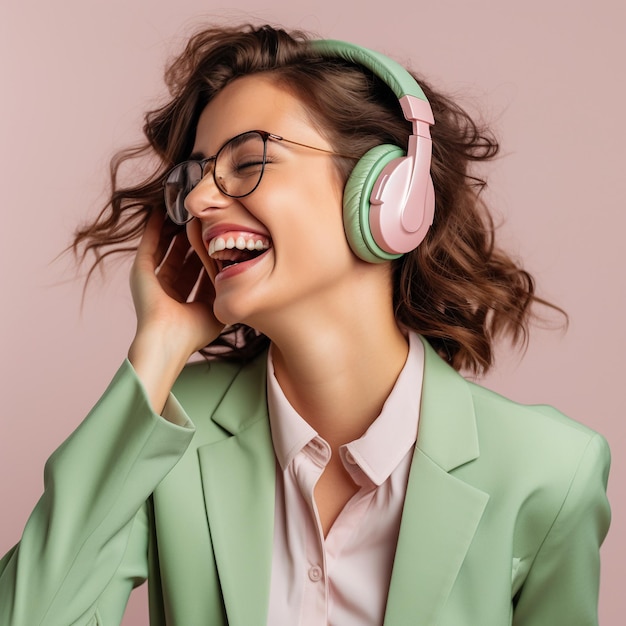 Mujer escuchando un audiolibro con auriculares Servicio de transmisión verde y rosa IA generativa