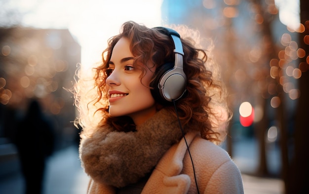 Mujer escuchando música con auriculares en la calle Ropa de invierno