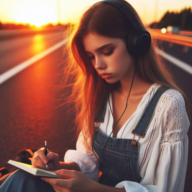 Foto mujer escuchando música y cantando