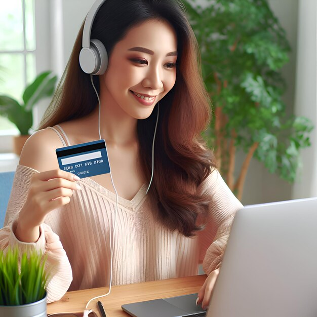 Una mujer escuchando música y haciendo compras en línea con una tarjeta de crédito