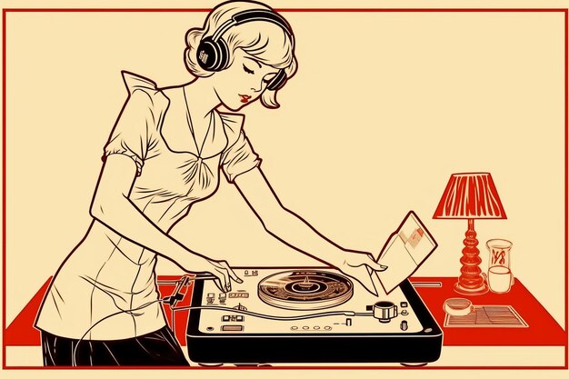 Foto la mujer está escuchando música usando vinilo hermosa imagen de ilustración ai generativa