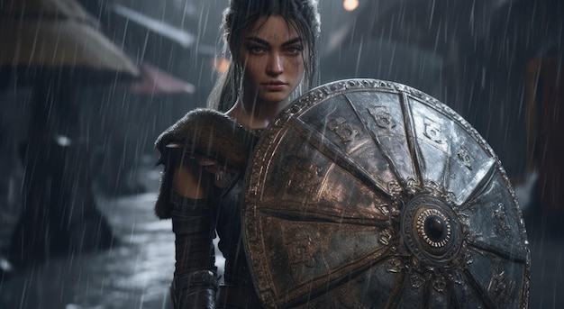 Una mujer con un escudo bajo la lluvia.