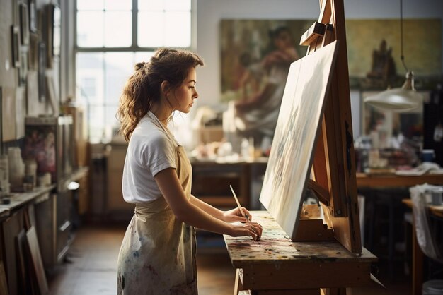 Mujer en una escuela de arte con un delantal dibujando en un caballete.